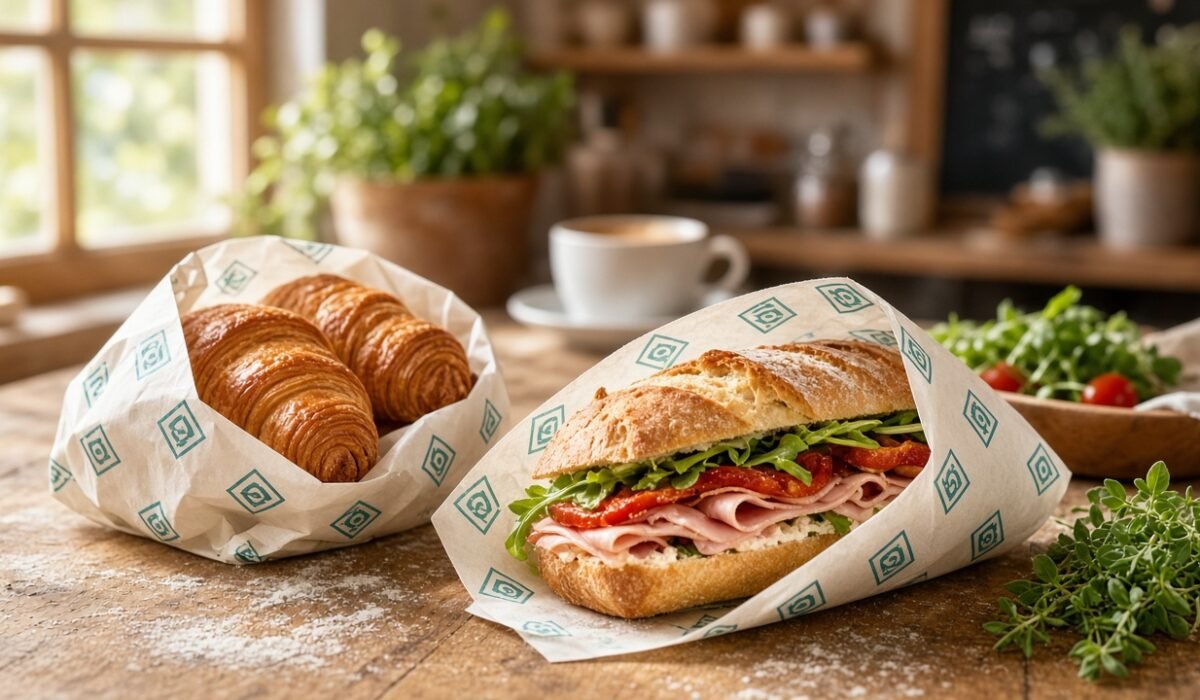 Deli sandwich and bakery treats wrapped in custom printed greaseproof paper