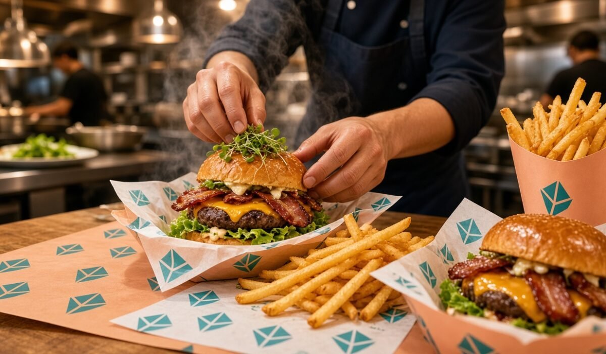 Burgers and fries served in custom printed butcher paper in a restaurant kitchen