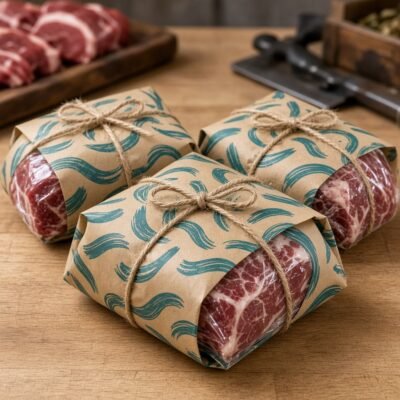 Meat wrapped in custom butcher paper