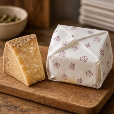 Cheese wrapped in custom printed cheese paper