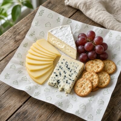 Cheese platter served on custom printed cheese paper