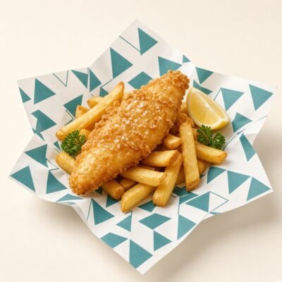 Fish and chips on custom greaseproof paper