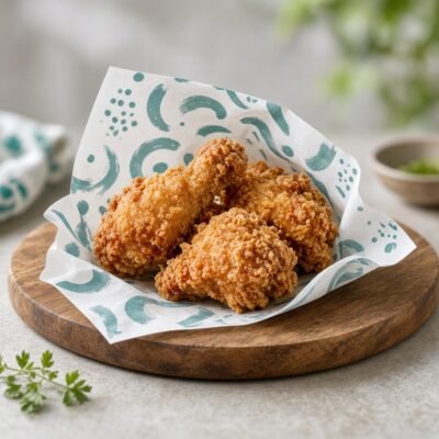 Fried chicken wrapped in custom greaseproof paper
