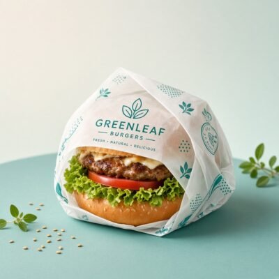 Burger wrapped in custom wax paper