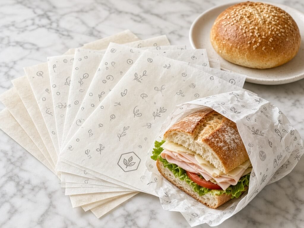 Custom printed wax paper and parchment paper sheets with wrapped sandwich and bakery item