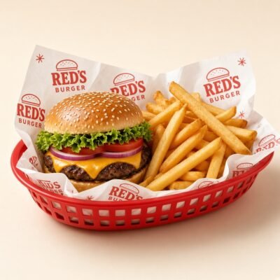 Burger and fries in a basket with custom liner
