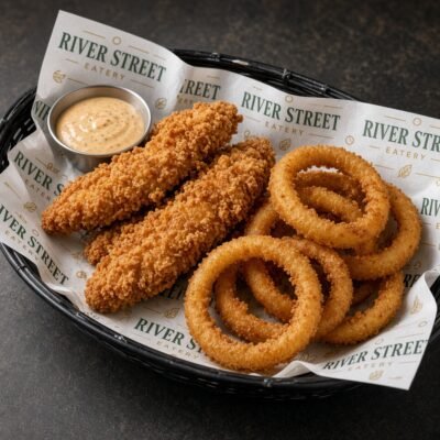 Chicken tenders on custom food basket liner