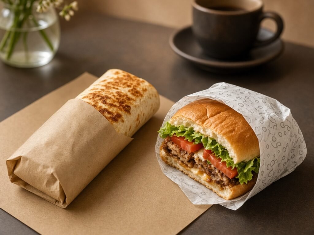 Custom kraft paper and greaseproof paper wrapping burgers and burritos
